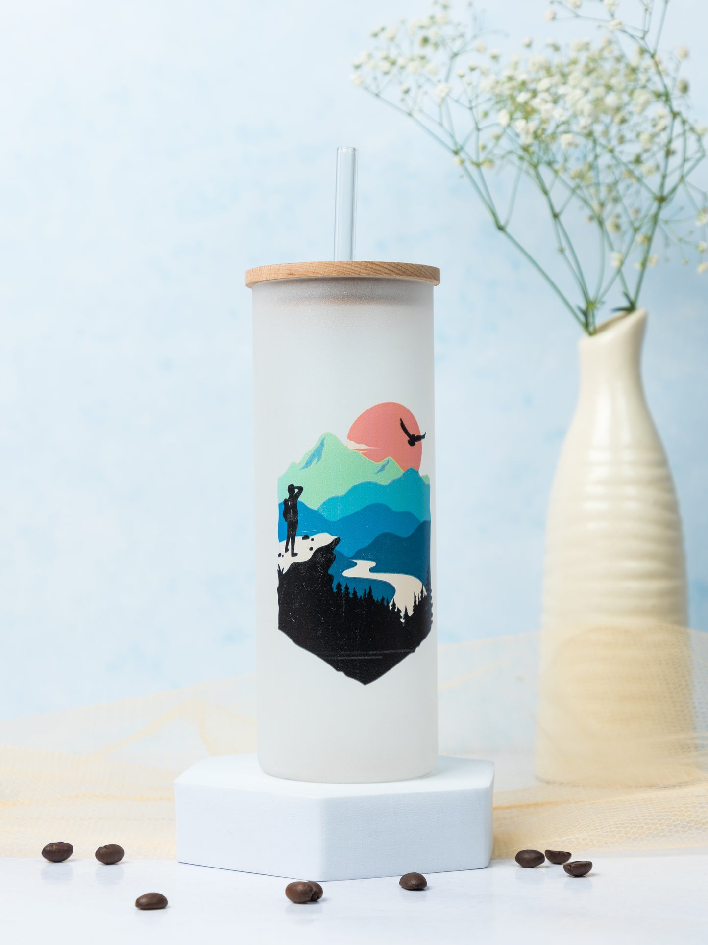 Frosted Grande Sipper 650ml| Heart In Mountain Print| 20oz Tall Tumbler with Straw and Lid