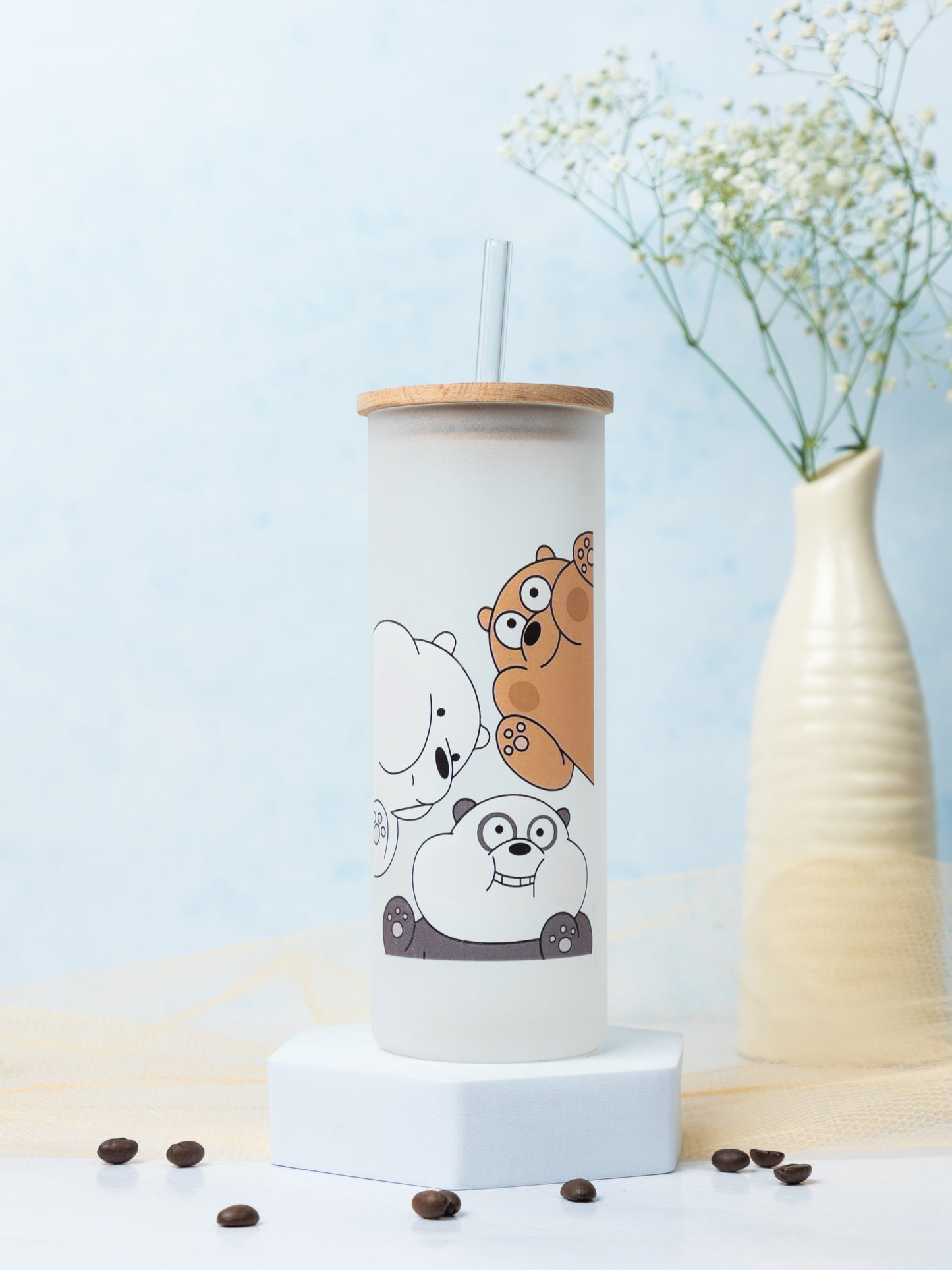 Frosted Grande Sipper 650ml| Bare Bears Print| 20oz Tall Tumbler with Straw and Lid