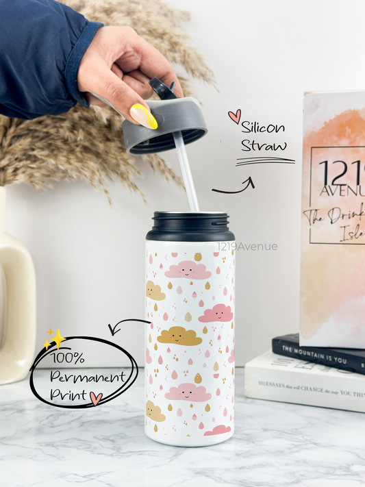 750mlPrinted Fun-Sip Water Bottle | Pretty Clouds Print | For Kids, School, Sports | Sipper Bottle with Carry Handle, Durable & Stylish