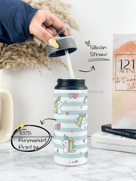 750ml Printed Fun-Sip Water Bottle | Stripes Unicorn Print | For Kids, School, Sports | Sipper Bottle with Carry Handle, Durable & Stylish