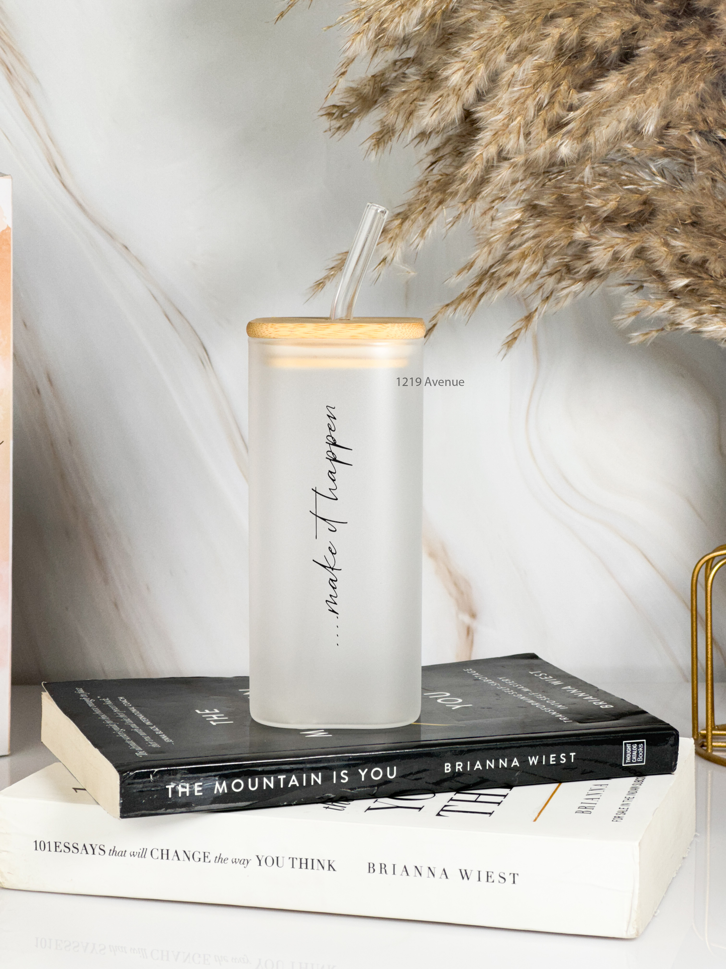 Squaro Sipper 450ml| Make It Happen Design| Permanent Prints| Coffee Glass Tumbler with straw and lid