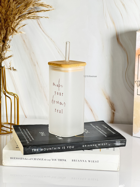 Squaro Sipper 450ml| Make Your Dreams Design| Permanent Prints| Coffee Glass Tumbler with straw and lid