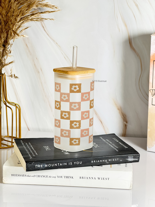 Squaro Sipper 450ml| Sage Daisy Dreamer Design| Permanent Prints| Coffee Glass Tumbler with straw and lid