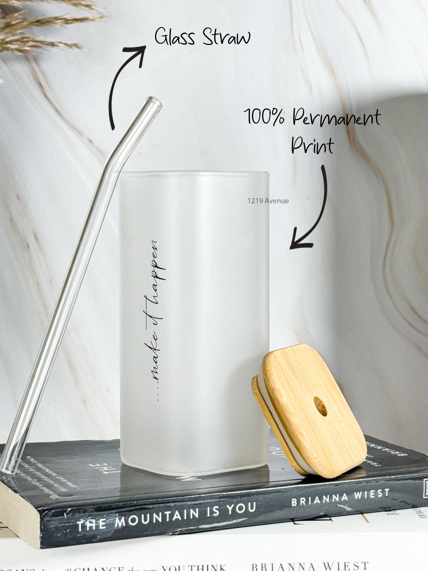 Squaro Sipper 450ml| Make It Happen Design| Permanent Prints| Coffee Glass Tumbler with straw and lid