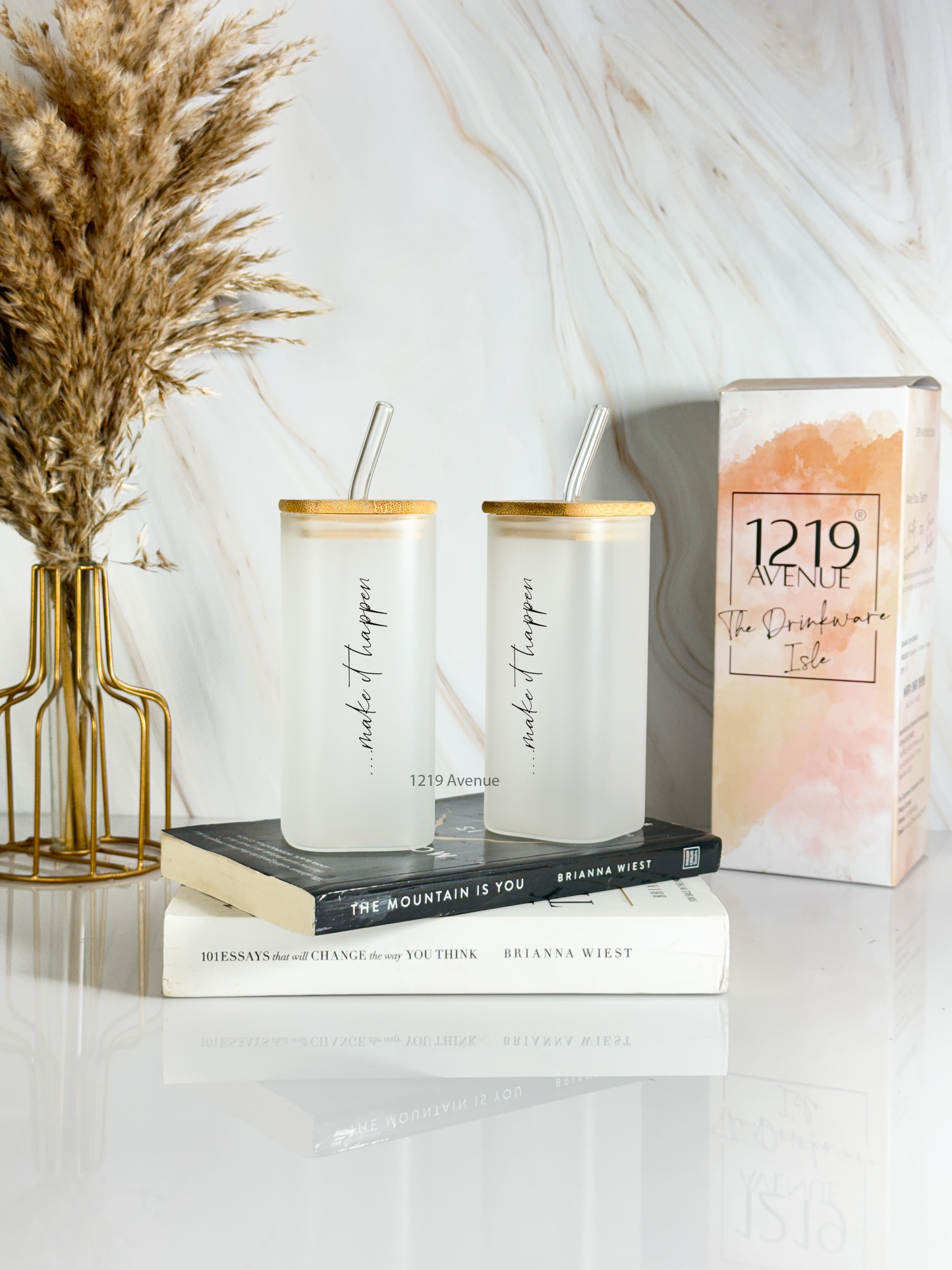 Squaro Sipper 450ml| Make It Happen Design| Permanent Prints| Coffee Glass Tumbler with straw and lid