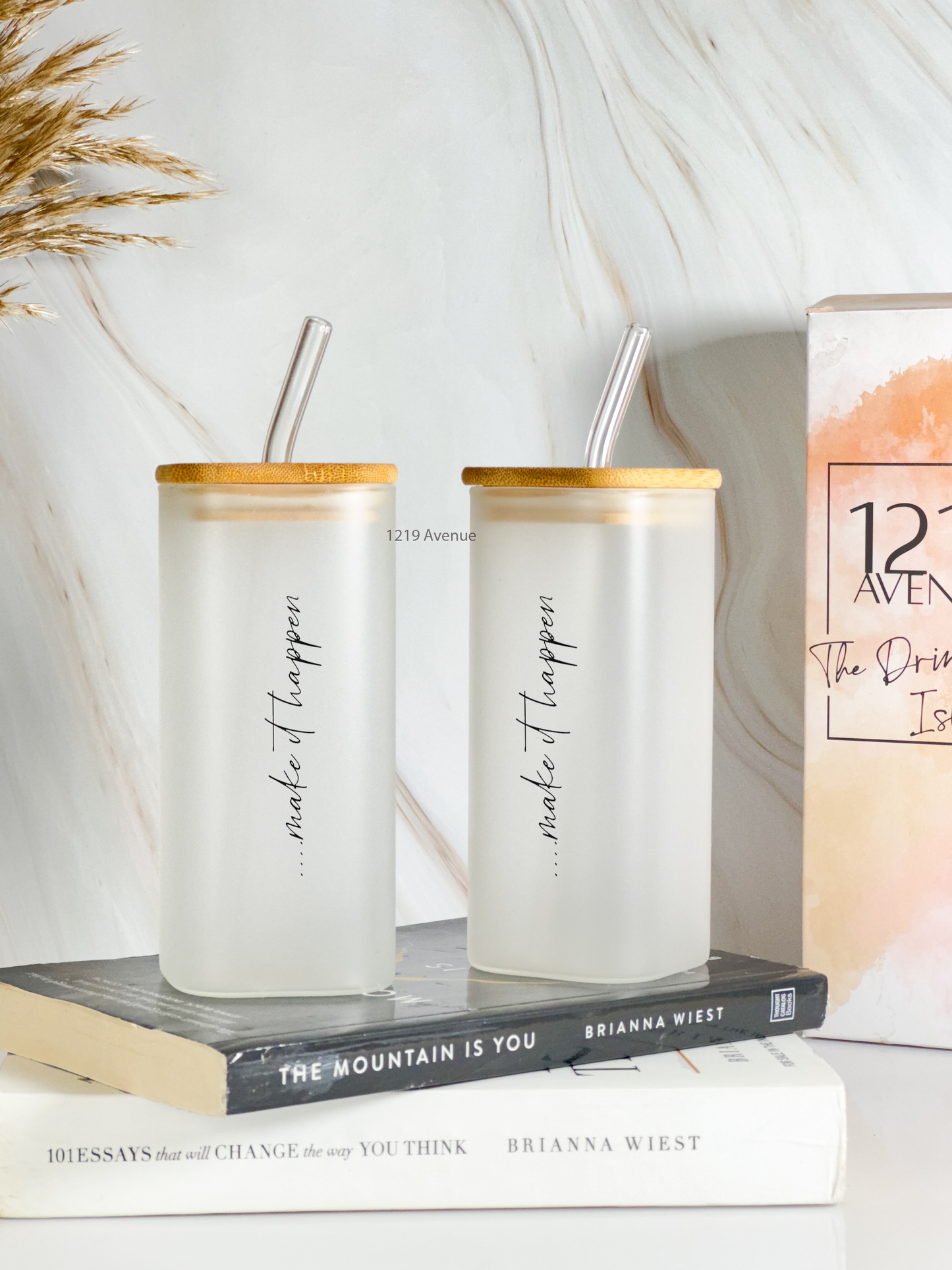 Squaro Sipper 450ml| Make It Happen Design| Permanent Prints| Coffee Glass Tumbler with straw and lid