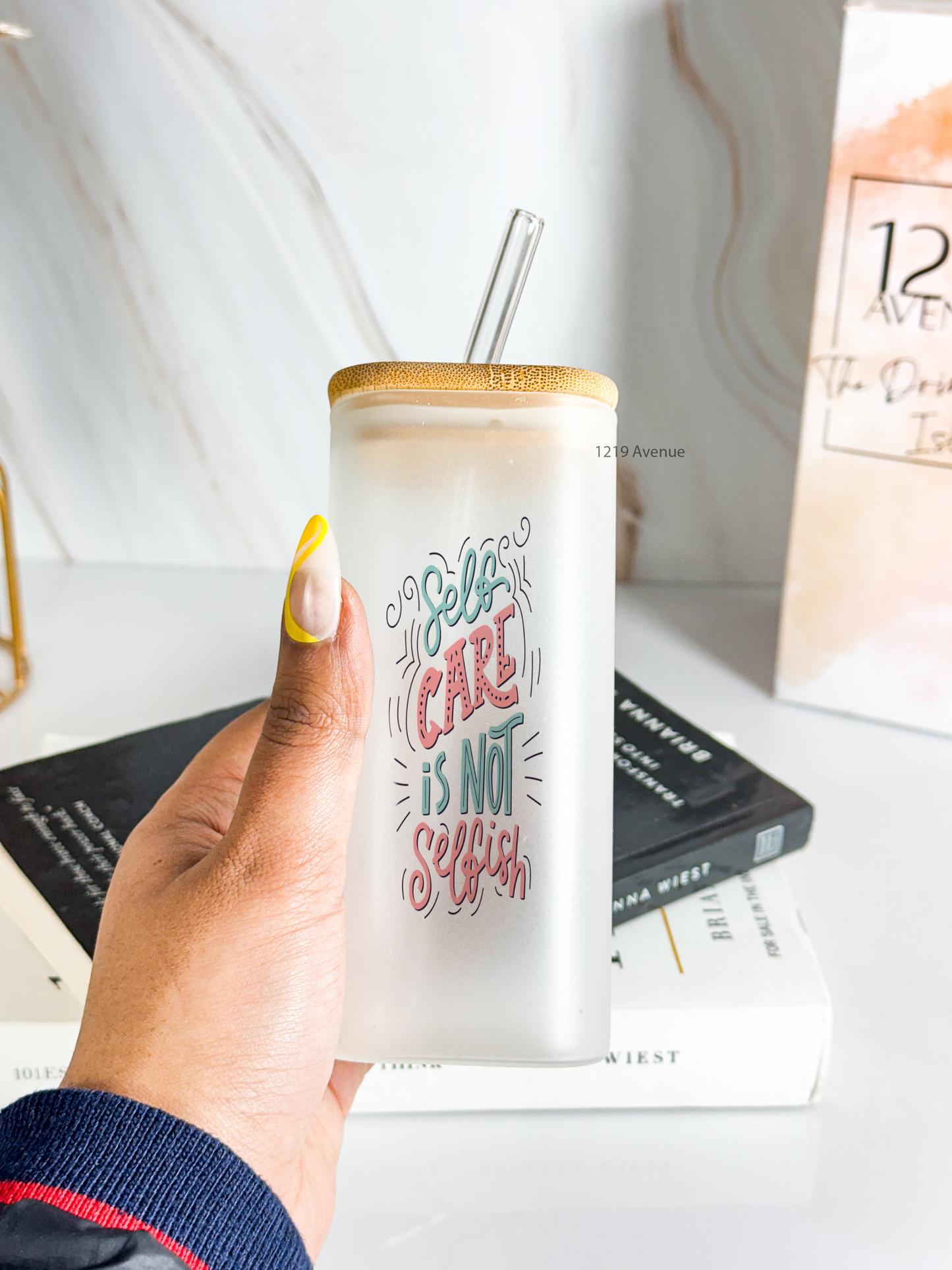 Squaro Sipper 450ml| Self Care Design| Permanent Prints| Coffee Glass Tumbler with straw and lid