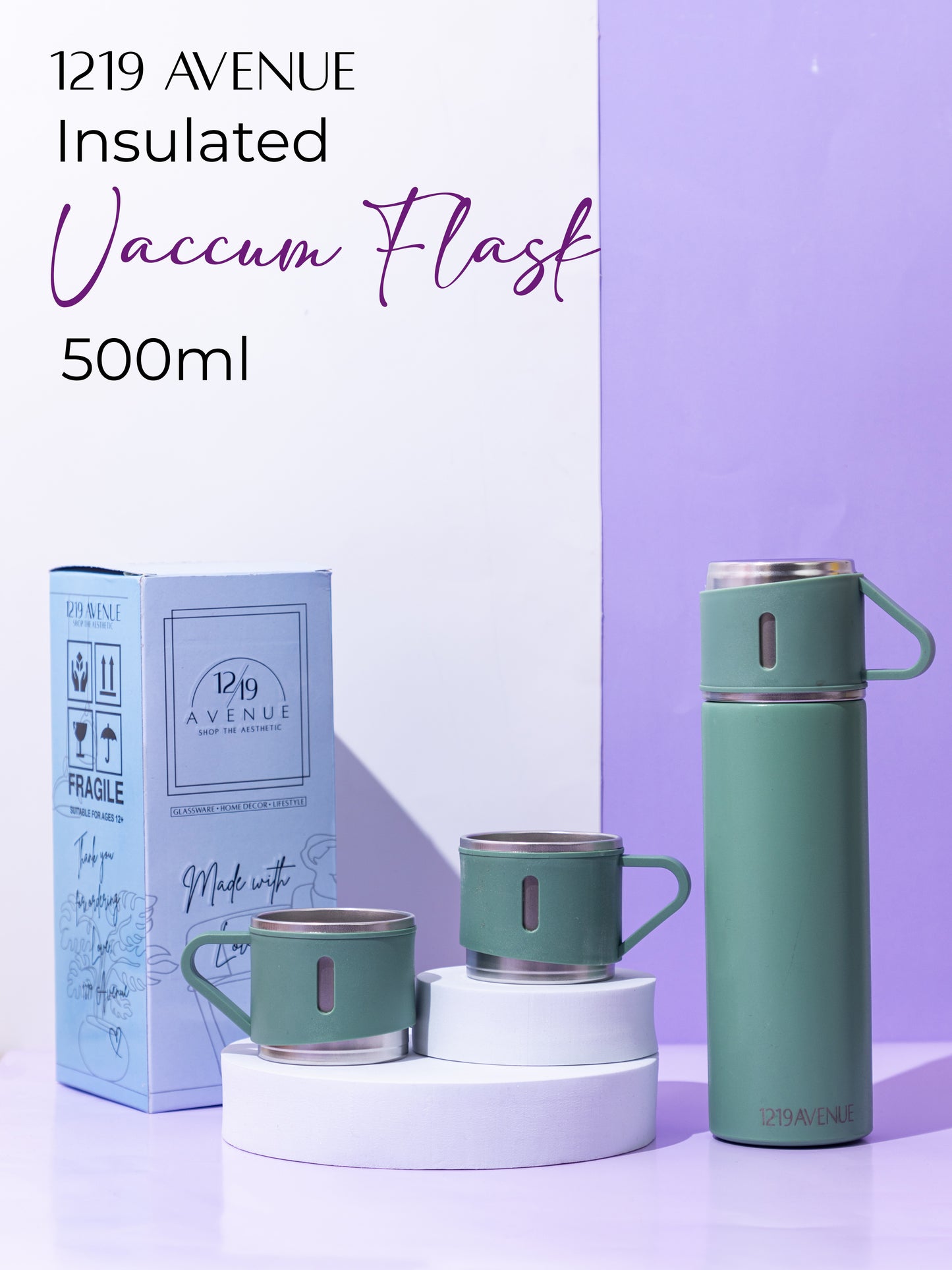 1219 Avenue Insulated Vacuum Flask with 3 cups 14hrs+ hot and Cold