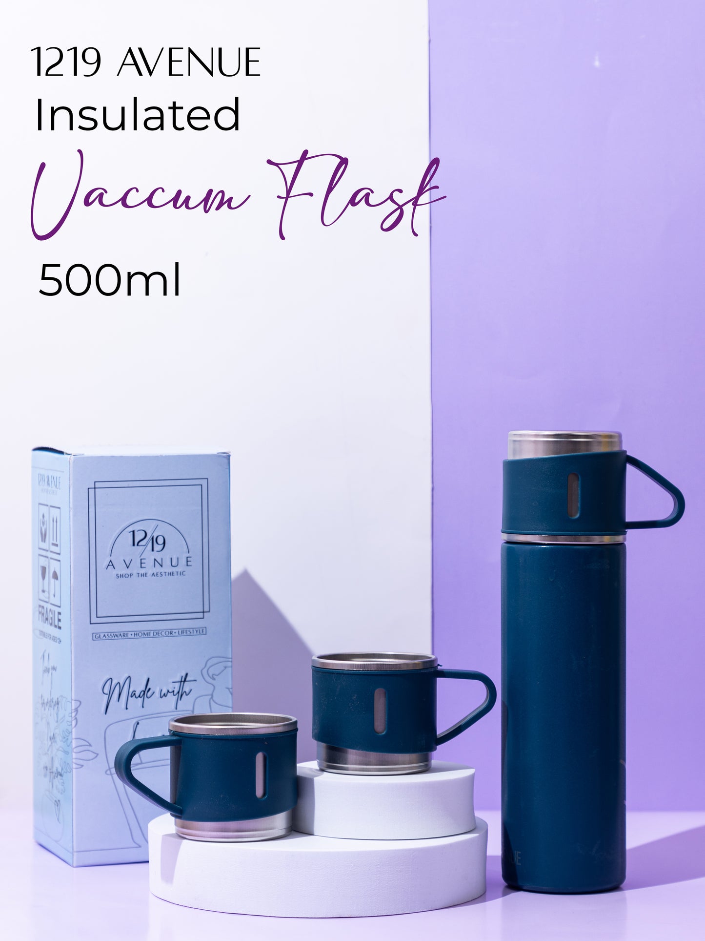 1219 Avenue Insulated Vacuum Flask with 3 cups 14hrs+ hot and Cold
