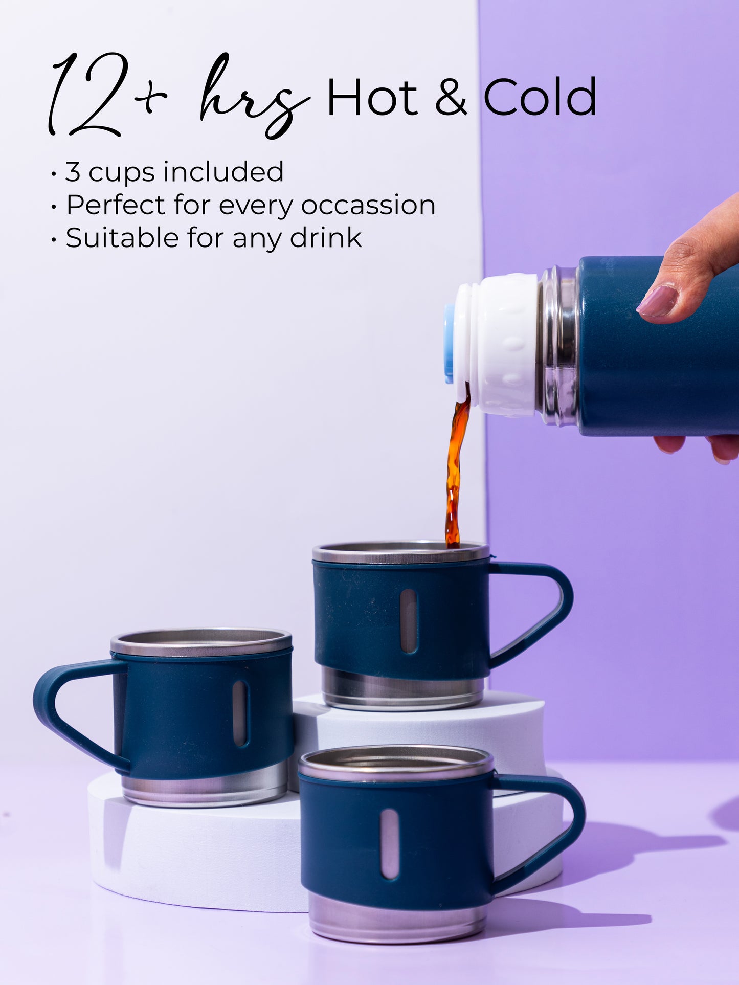 1219 Avenue Insulated Vacuum Flask with 3 cups 14hrs+ hot and Cold