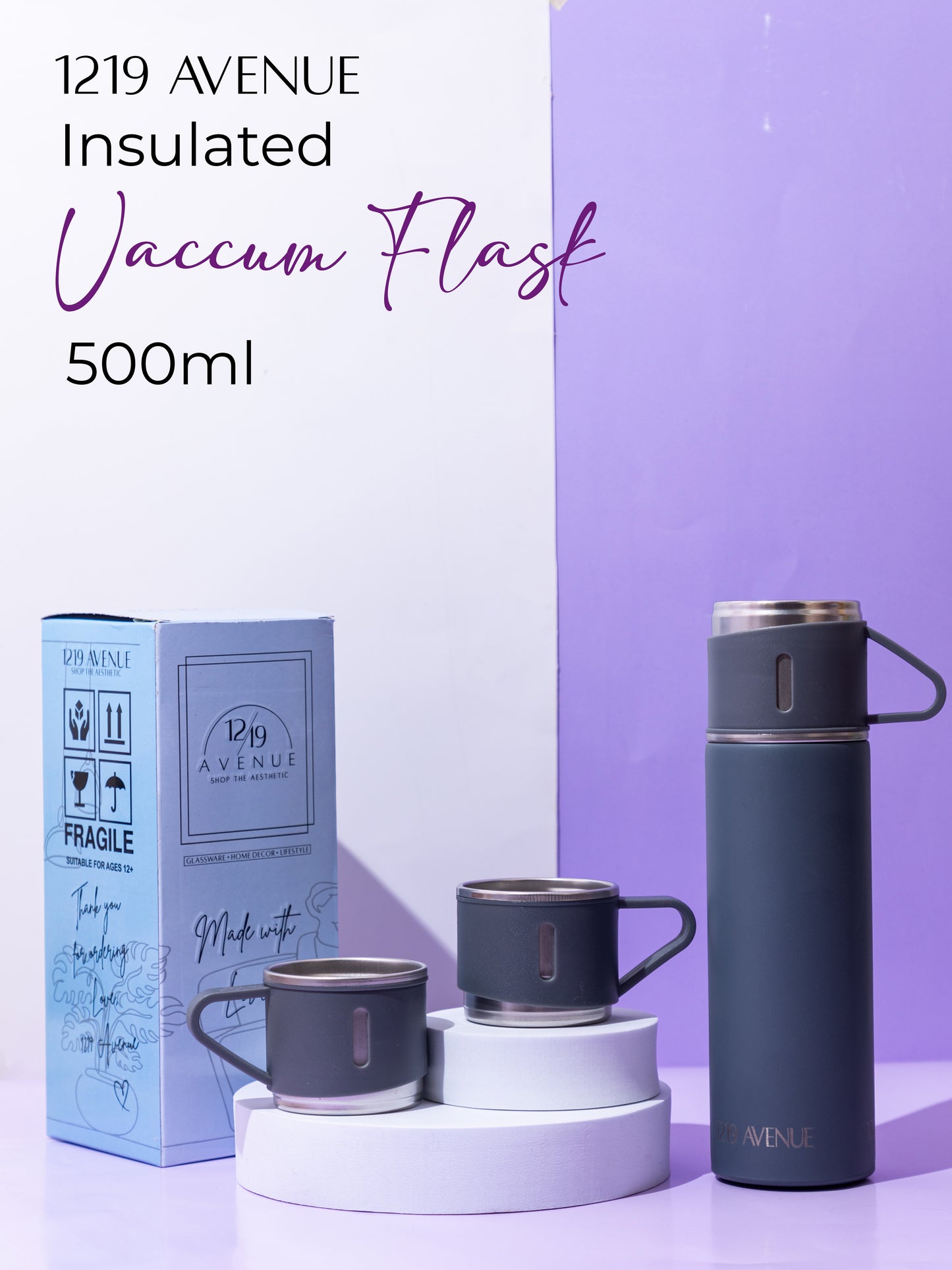 1219 Avenue Insulated Vacuum Flask with 3 cups 14hrs+ hot and Cold