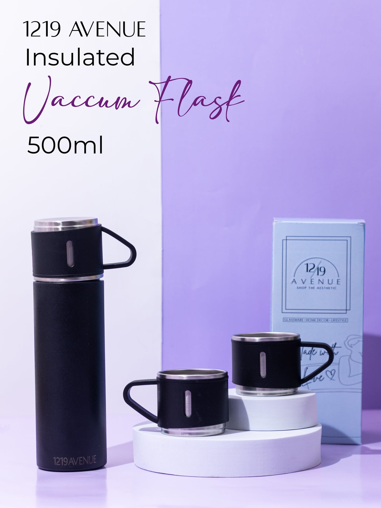 1219 Avenue Insulated Vacuum Flask with 3 cups 14hrs+ hot and Cold