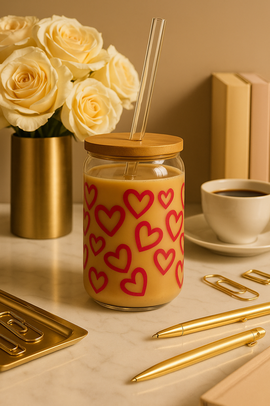 Can Shaped Sipper 500ml| Bouji Hearts All Over| Tumbler with lid and straw