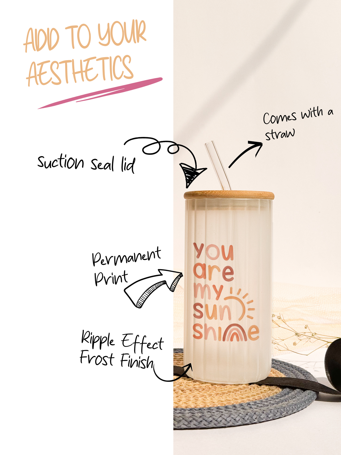 Frosted Ripple Taille Sipper 500ml| You Are My Sunshine Print | 18oz Ripple Frosted Glass Tumbler with lid and straw