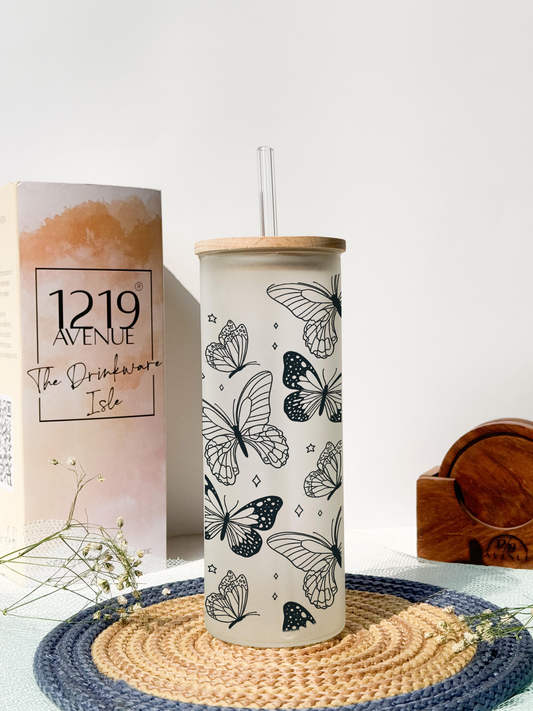 Frosted Grande Sipper 650ml| Papillon Flutter Print| 20oz Tall Tumbler with Straw and Lid