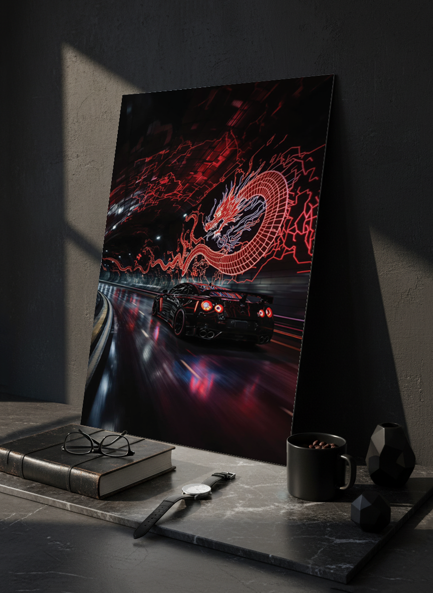 Printed 4K Ultra Gloss Metal Frame A3 Size | Dragon Night Racer Print | 1.2mm Premium Thickness Wall Frame (12x18 Inches)