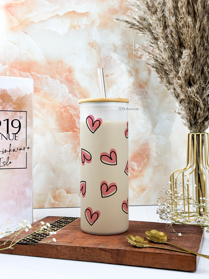 Frosted Grande Sipper 650ml| Pink Hearts All Over Print| 20oz Tall Tumbler with straw and lid