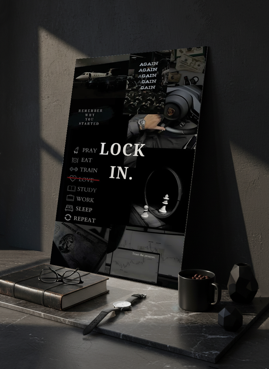 Printed 4K Ultra Gloss Metal Frame A3 Size | Lock In Mentality Print | 1.2mm Premium Thickness Wall Frame (12x18 Inches)