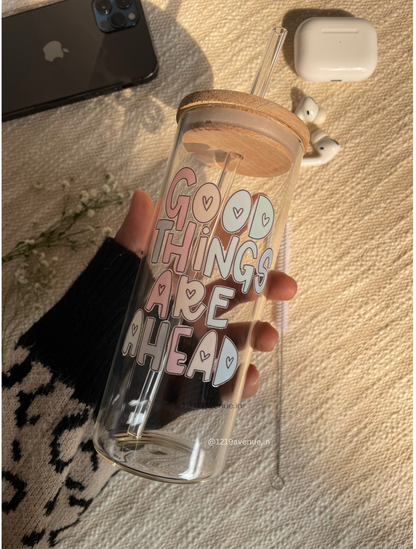 Clear Grande Sipper 650ml| Good Things Are Ahead Print| 22 oz Coffee Tumbler with Straw and Lid