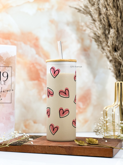 Frosted Grande Sipper 650ml| Pink Hearts All Over Print| 20oz Tall Tumbler with straw and lid