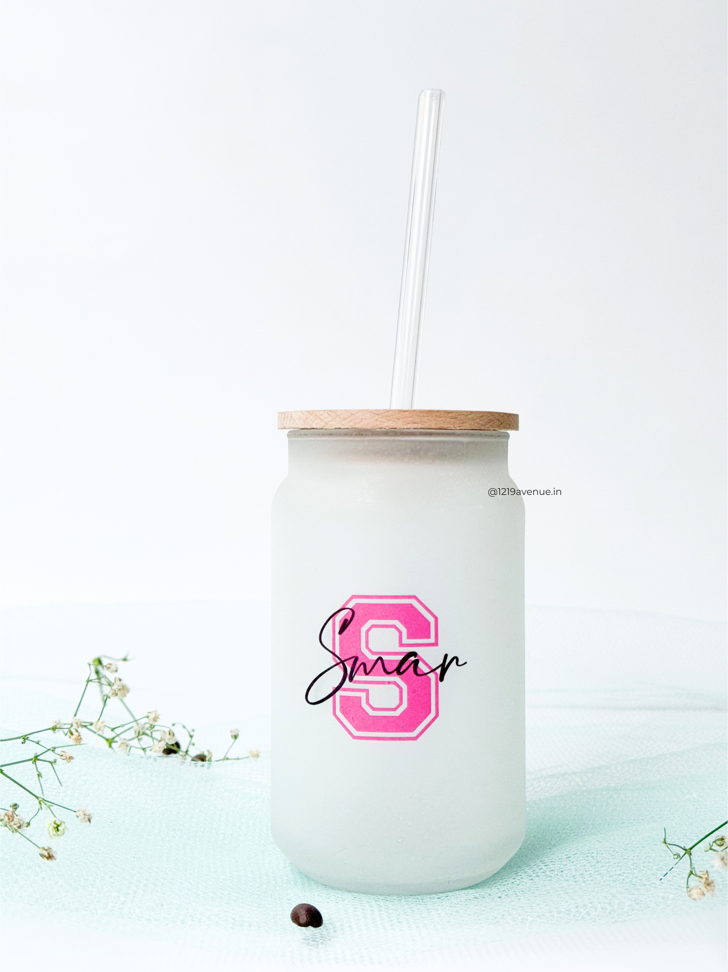 Personalized Varsity Initial Name Frosted Can Sipper 500ml| Coffee Glass Tumbler with straw and lid 22oz