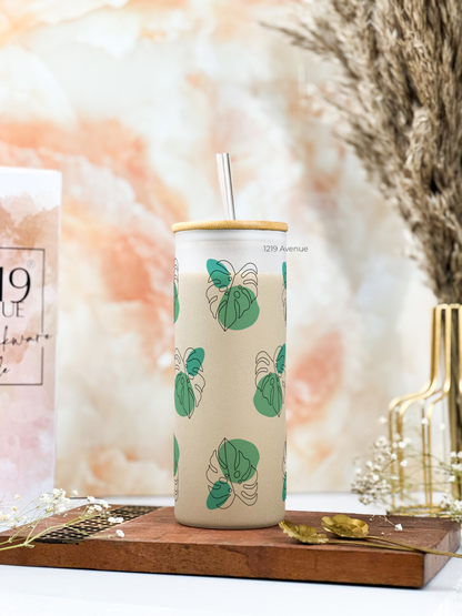 Frosted Grande Sipper 650ml| Monstera All Over Print| 20oz Tall Tumbler with straw and lid