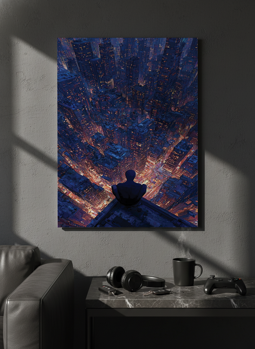 Printed 4K Ultra Gloss Metal Frame A3 Size | Spider-Man Rooftop Aura Print | 1.2mm Premium Thickness Wall Frame (12x18 Inches)