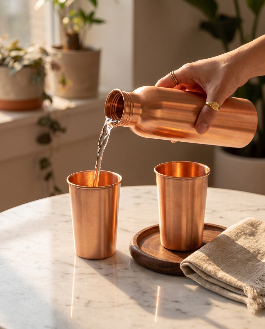 Copper Heritage Bottle 3 in 1 Combo | 99% Pure Copper Water Bottle 1000ml with 2 Copper Glasses | Leakproof | Premium Ayurvedic Copper Drinkware Set