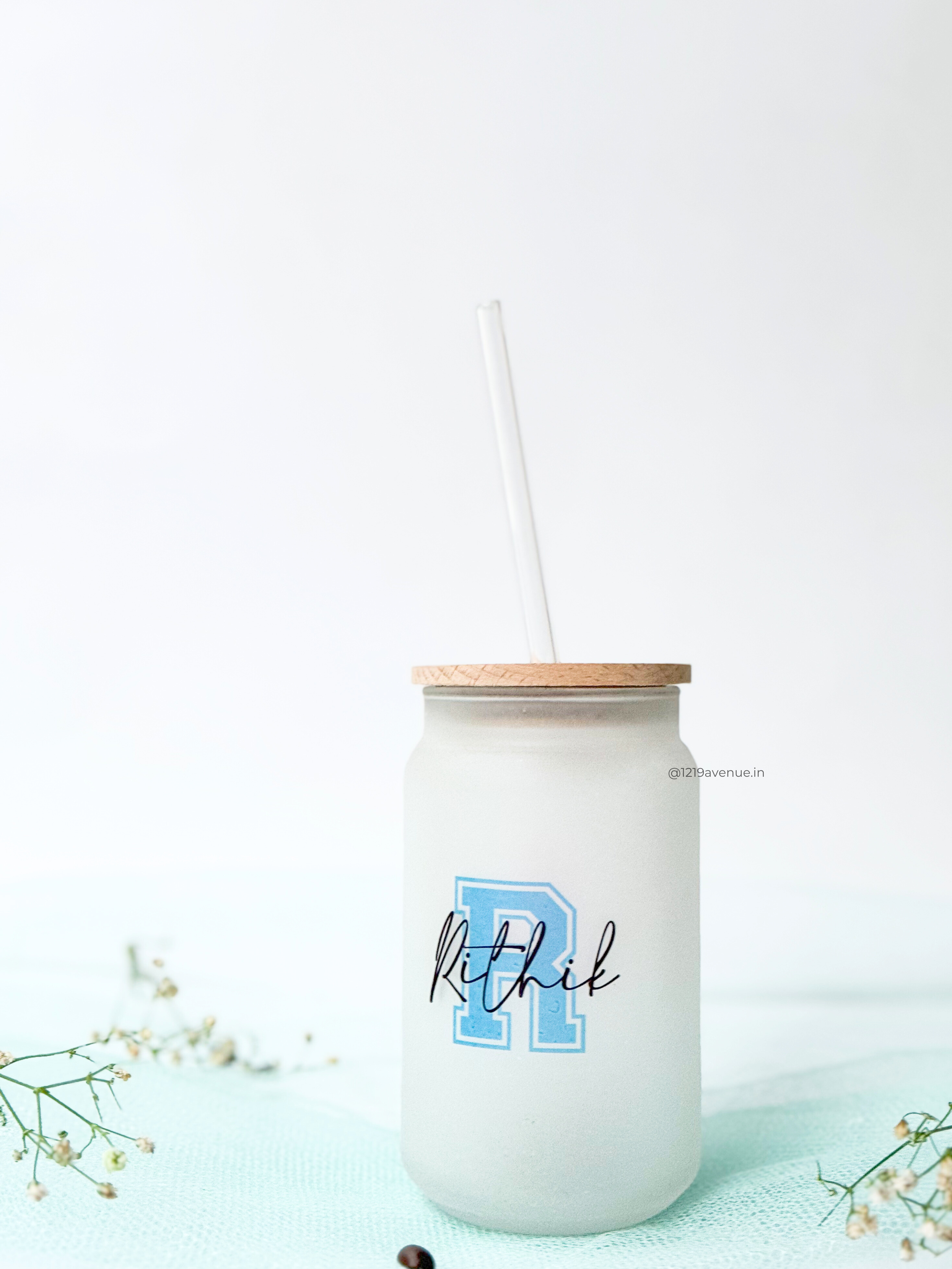 Personalized Varsity Initial Name Frosted Can Sipper 500ml| Coffee Glass Tumbler with straw and lid 22oz