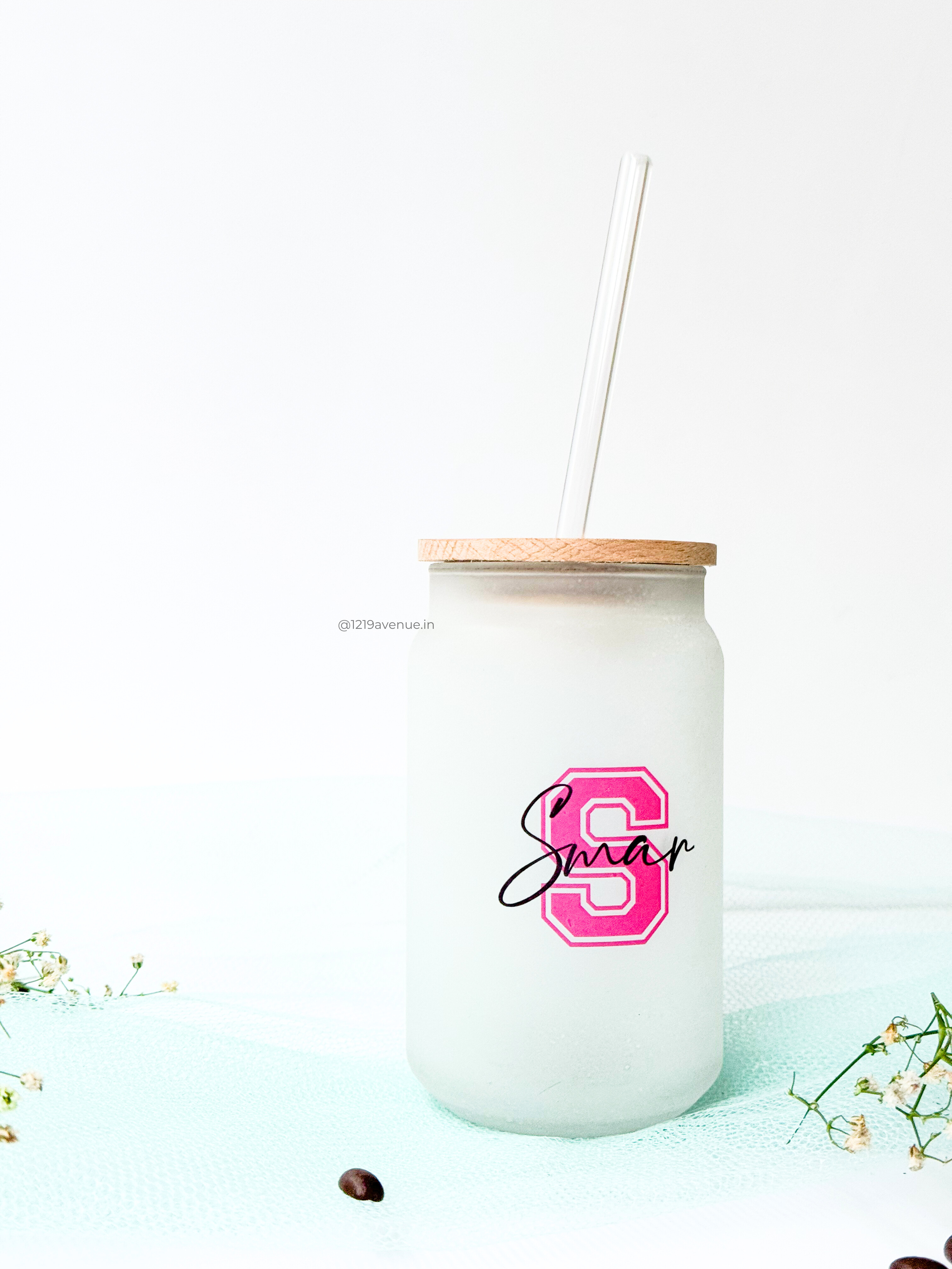 Personalized Varsity Initial Name Frosted Can Sipper 500ml| Coffee Glass Tumbler with straw and lid 22oz