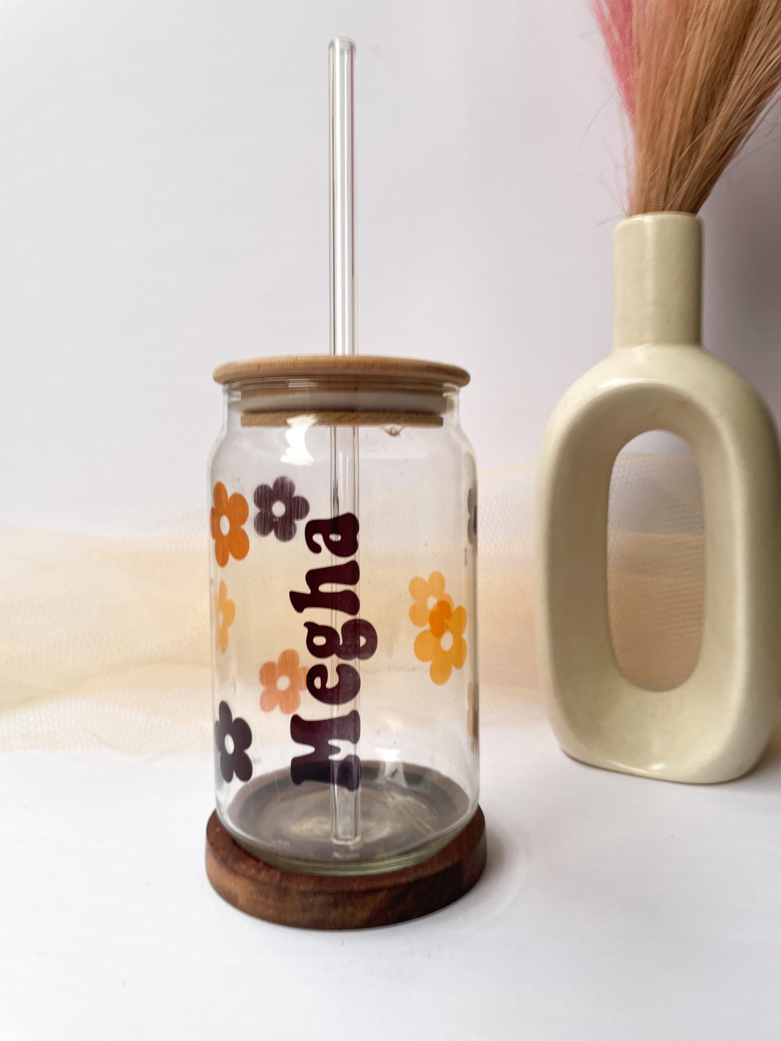 Personalized Clear Can Sipper 500ml| Name With Flowers| Coffee Glass Tumbler with straw and lid 22oz