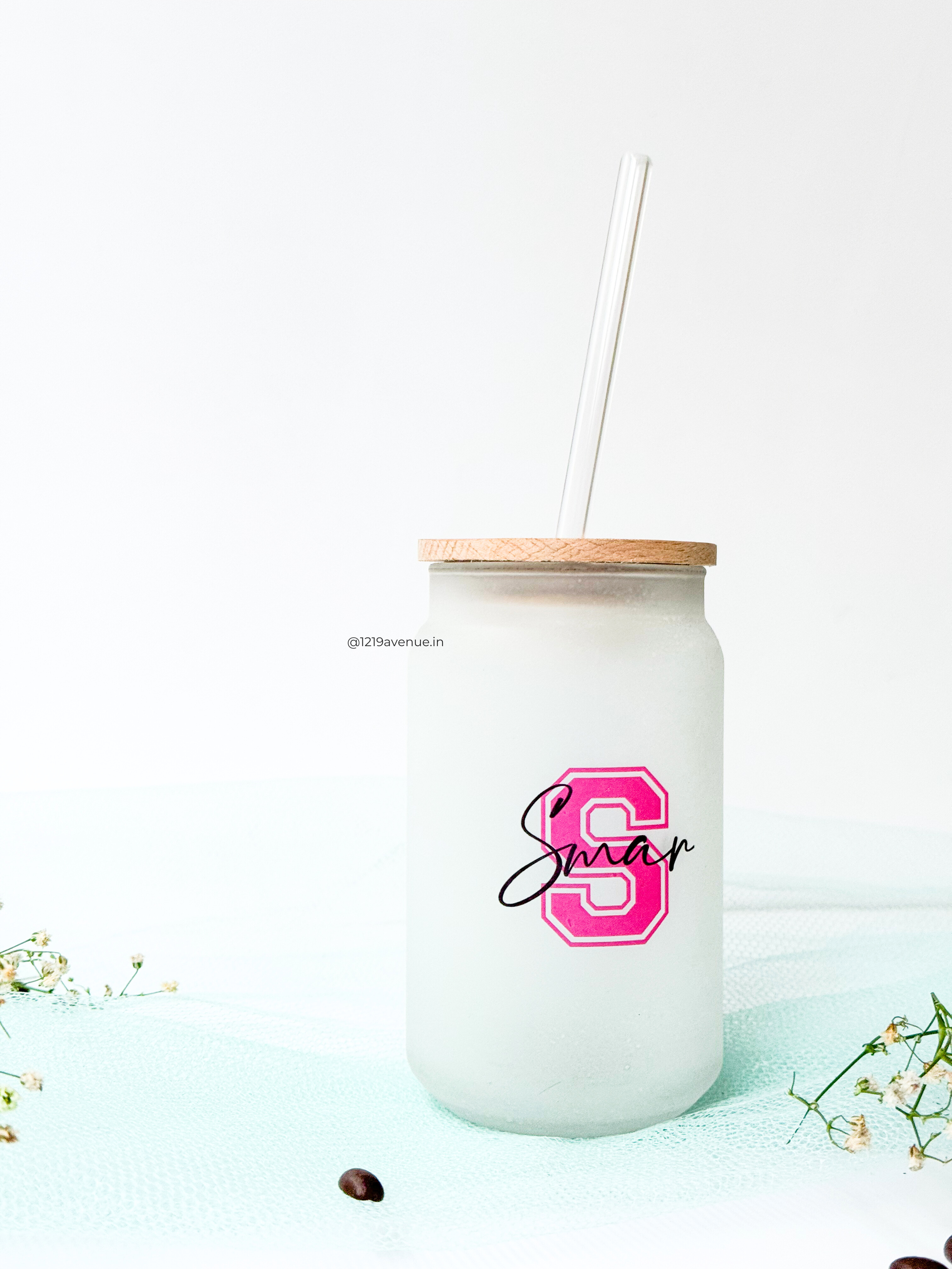 Personalized Varsity Initial Name Frosted Can Sipper 500ml| Coffee Glass Tumbler with straw and lid 22oz