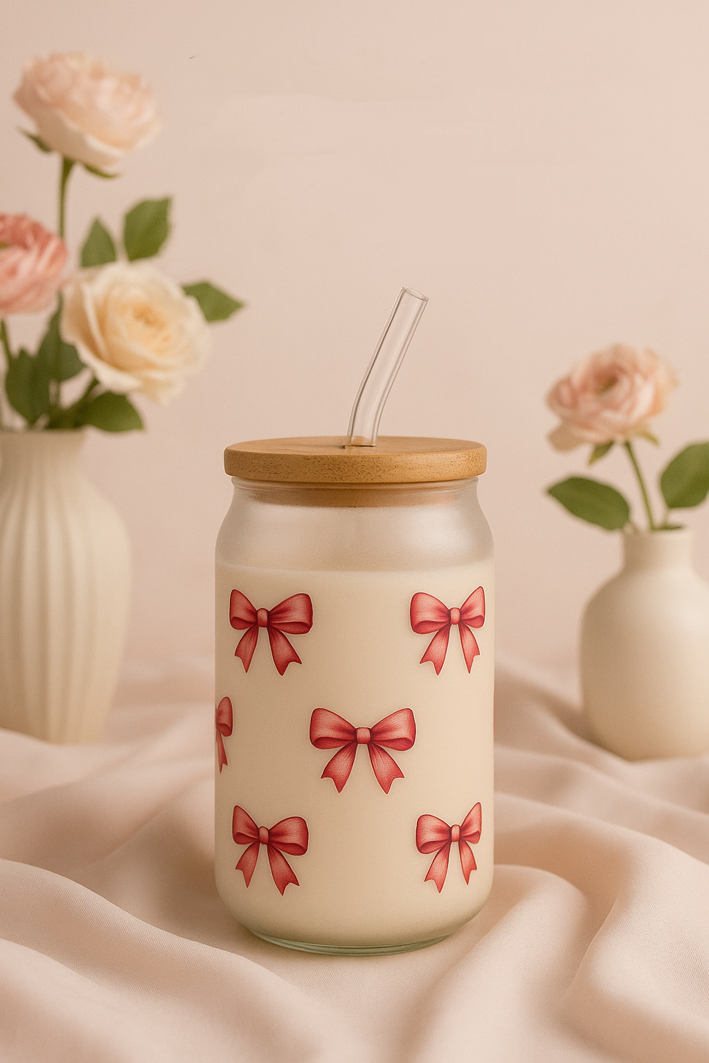 Frosted Can Shaped Sipper 500ml |Bows All Over Print| 17oz Can Tumbler with Straw and Lid