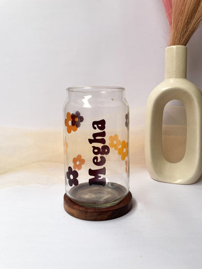 Personalized Clear Can Sipper 500ml| Name With Flowers| Coffee Glass Tumbler with straw and lid 22oz