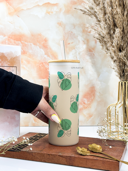 Frosted Grande Sipper 650ml| Monstera All Over Print| 20oz Tall Tumbler with straw and lid