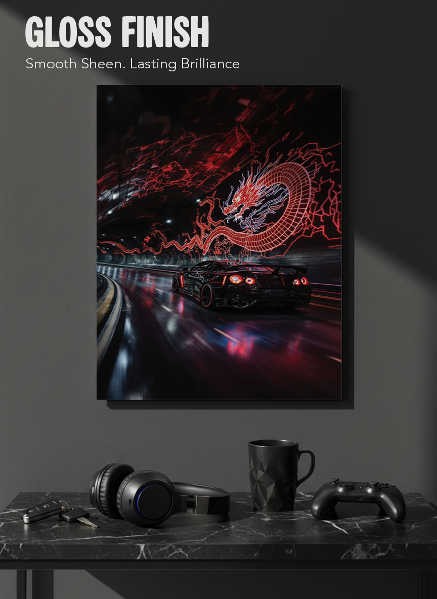 Printed 4K Ultra Gloss Metal Frame A3 Size | Dragon Night Racer Print | 1.2mm Premium Thickness Wall Frame (12x18 Inches)