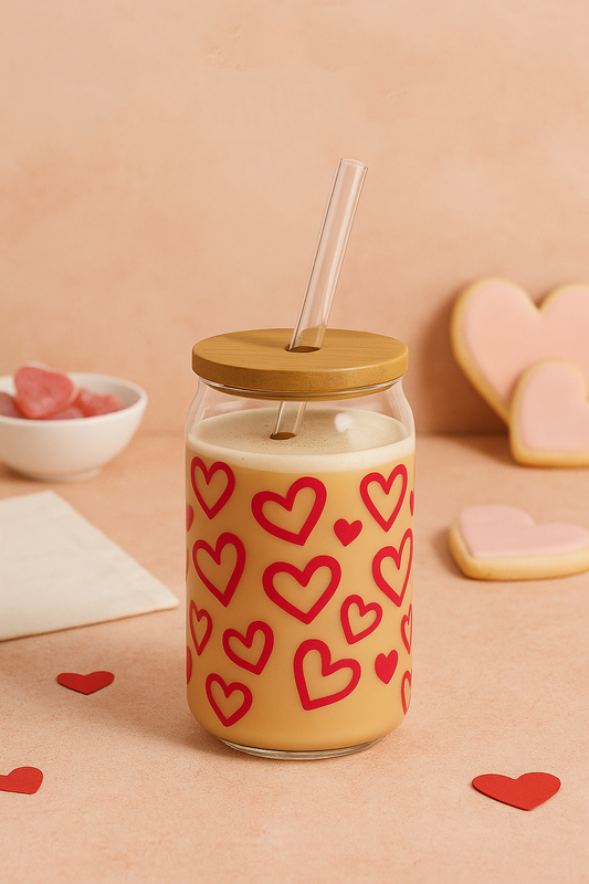 Can Shaped Sipper 500ml| Bouji Hearts All Over| Tumbler with lid and straw