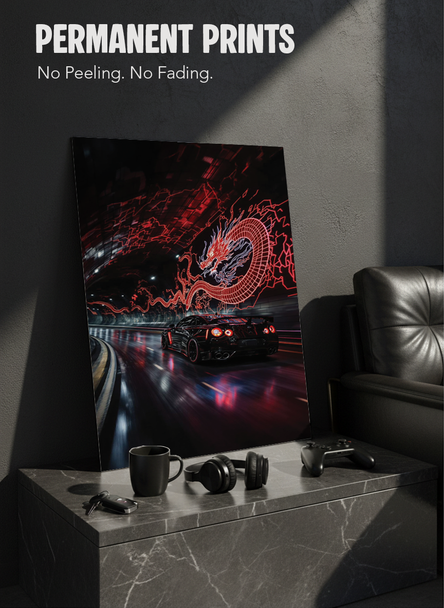 Printed 4K Ultra Gloss Metal Frame A3 Size | Dragon Night Racer Print | 1.2mm Premium Thickness Wall Frame (12x18 Inches)