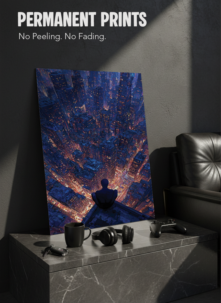Printed 4K Ultra Gloss Metal Frame A3 Size | Spider-Man Rooftop Aura Print | 1.2mm Premium Thickness Wall Frame (12x18 Inches)