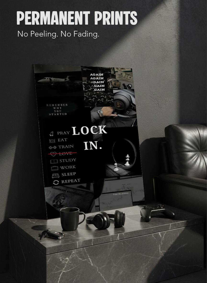 Printed 4K Ultra Gloss Metal Frame A3 Size | Lock In Mentality Print | 1.2mm Premium Thickness Wall Frame (12x18 Inches)