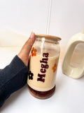 Personalized Clear Can Sipper 500ml| Name With Flowers| Coffee Glass Tumbler with straw and lid 22oz