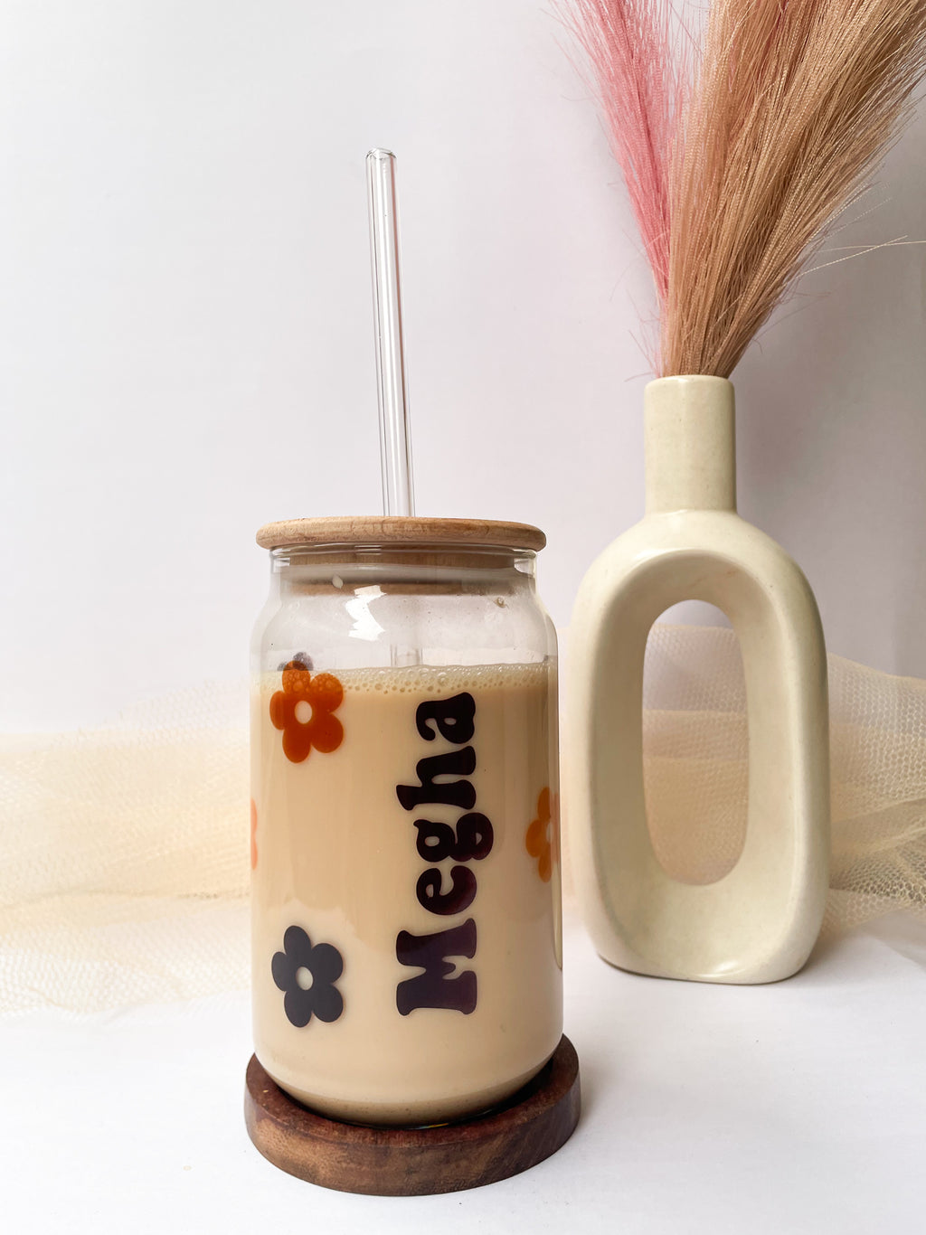 Personalized Clear Can Sipper 500ml| Name With Flowers| Coffee Glass Tumbler with straw and lid 22oz