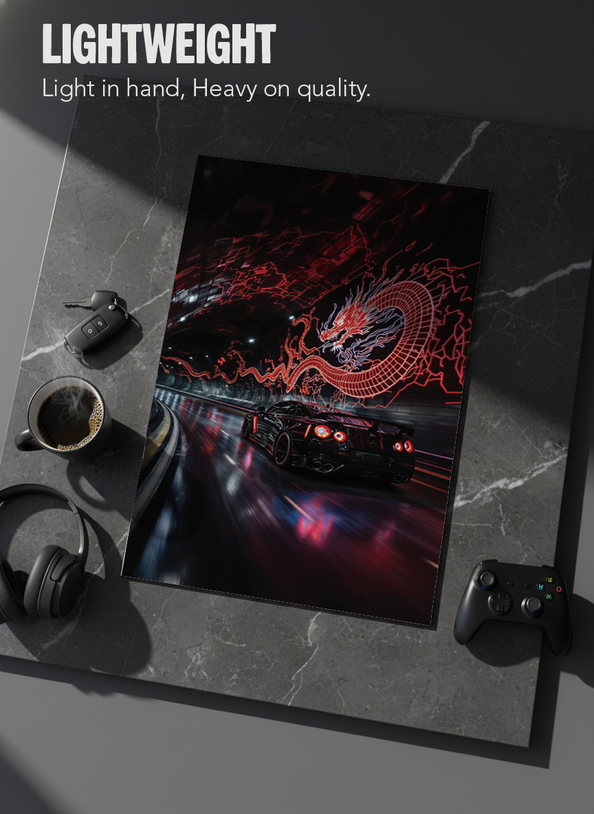 Printed 4K Ultra Gloss Metal Frame A3 Size | Dragon Night Racer Print | 1.2mm Premium Thickness Wall Frame (12x18 Inches)