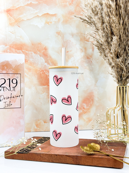 Frosted Grande Sipper 650ml| Pink Hearts All Over Print| 20oz Tall Tumbler with straw and lid