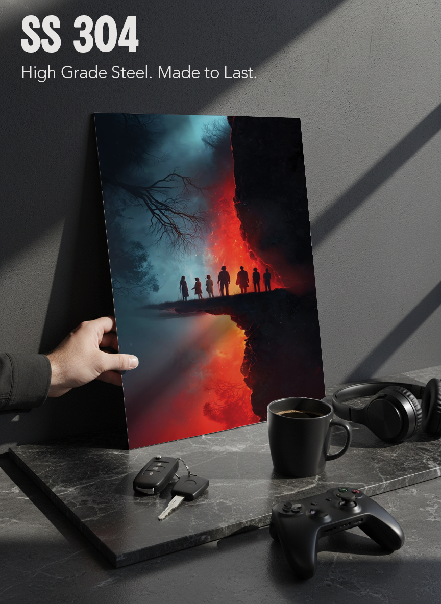 Printed 4K Ultra Gloss Metal Frame A3 Size | STRANGER THINGS-Parralel Edge Print | 1.2mm Premium Thickness Wall Frame (12x18 Inches)