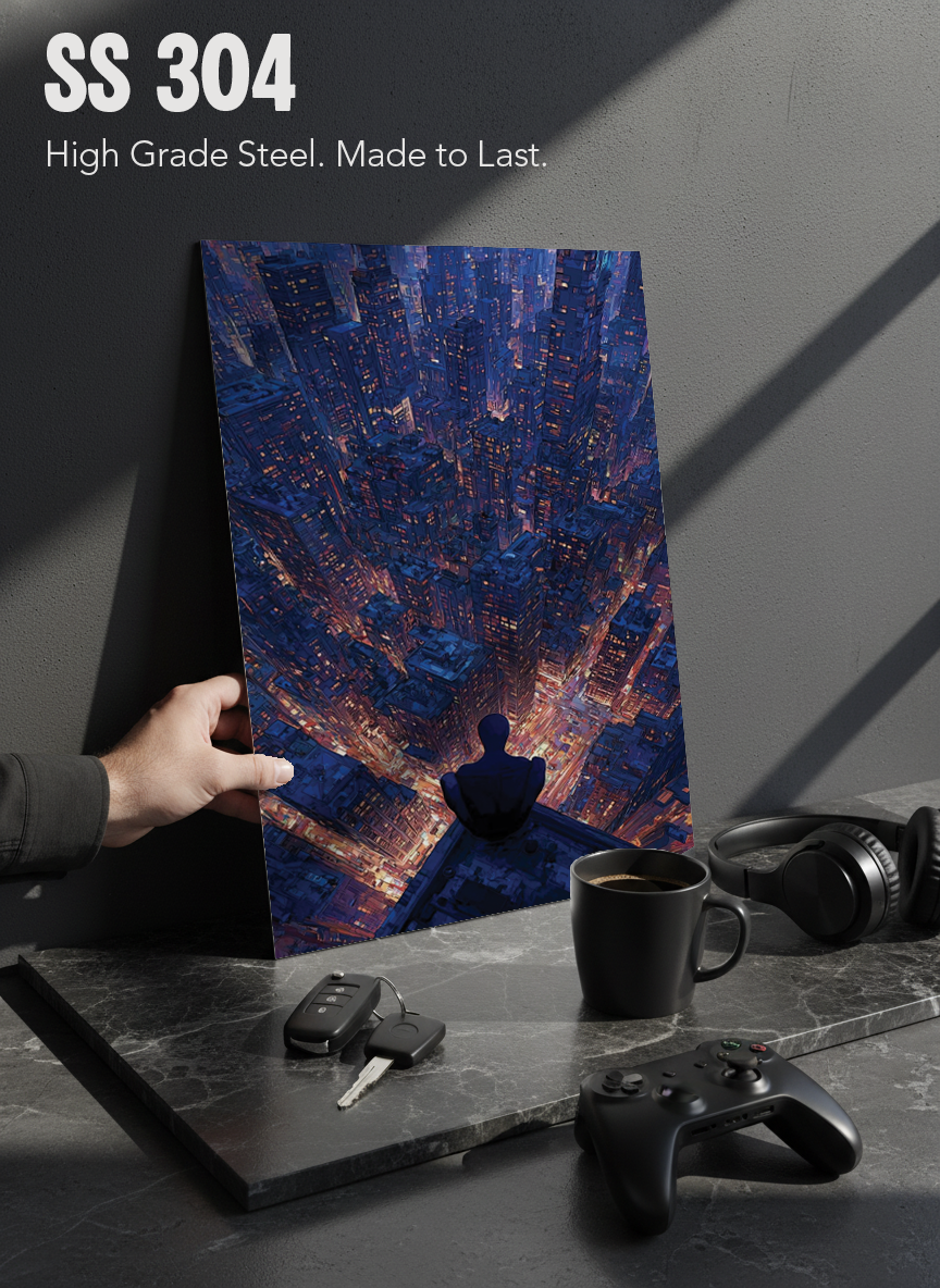 Printed 4K Ultra Gloss Metal Frame A3 Size | Spider-Man Rooftop Aura Print | 1.2mm Premium Thickness Wall Frame (12x18 Inches)
