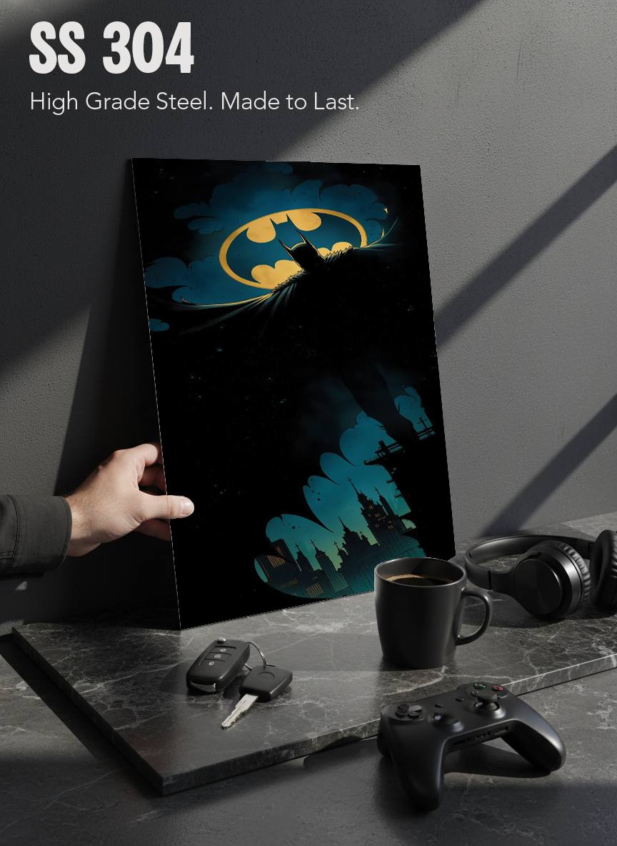 Printed 4K Ultra Gloss Metal Frame A3 Size | Dark Batman Print | 1.2mm Premium Thickness Wall Frame (12x18 Inches)