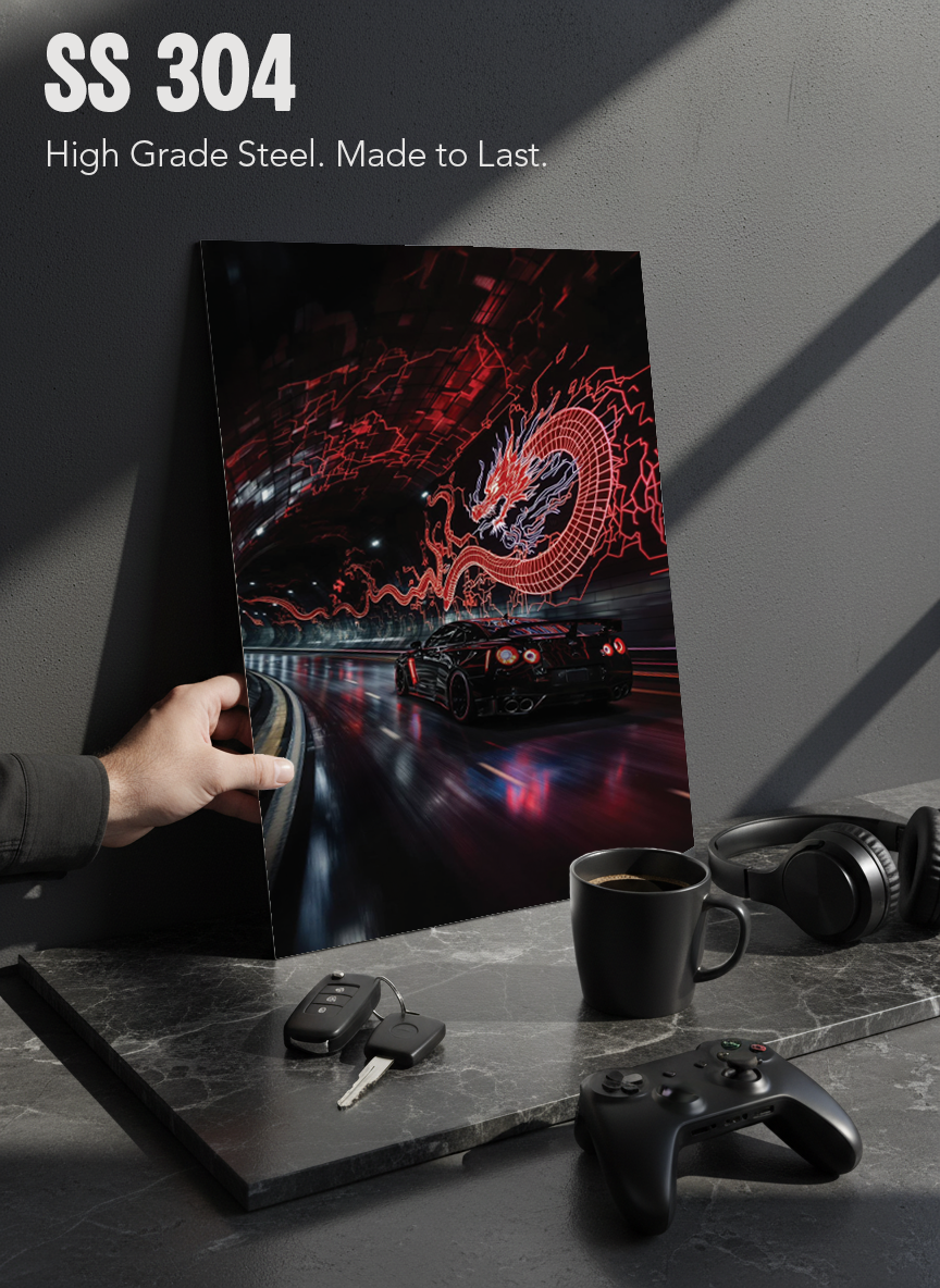 Printed 4K Ultra Gloss Metal Frame A3 Size | Dragon Night Racer Print | 1.2mm Premium Thickness Wall Frame (12x18 Inches)