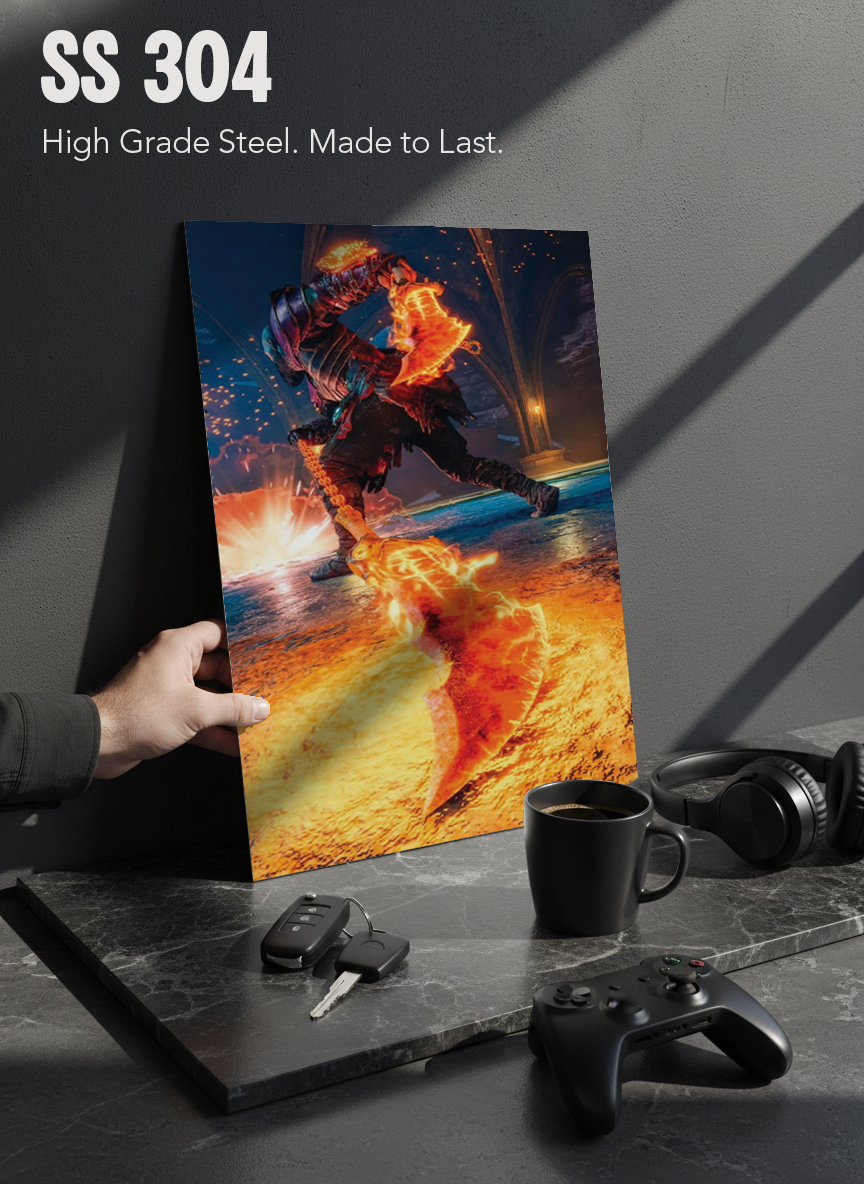 Printed 4K Ultra Gloss Metal Frame A3 Size | Flame Rage Unleashed Print | 1.2mm Premium Thickness Wall Frame (12x18 Inches)