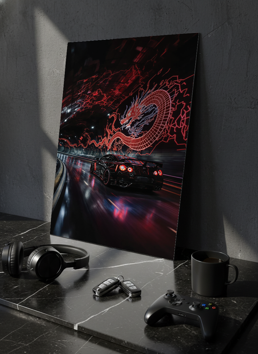 Printed 4K Ultra Gloss Metal Frame A3 Size | Dragon Night Racer Print | 1.2mm Premium Thickness Wall Frame (12x18 Inches)